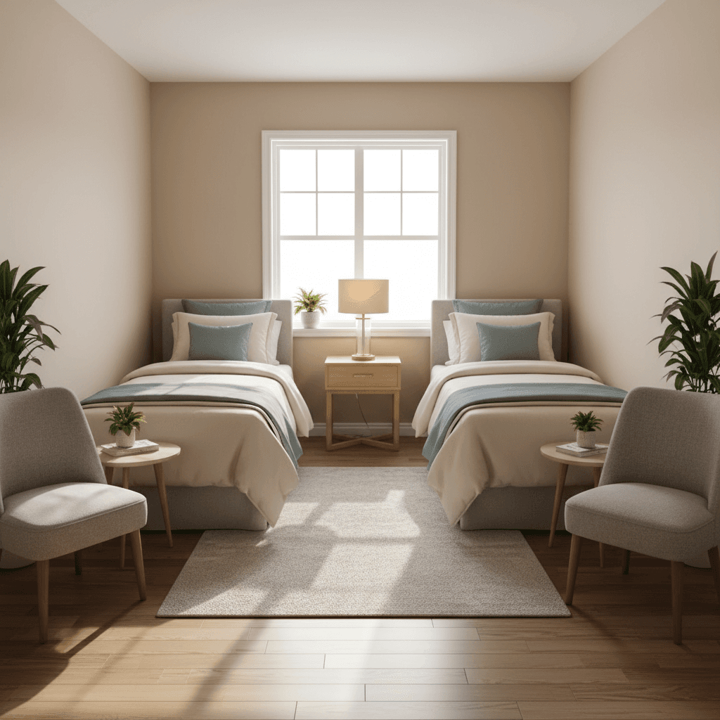Cozy shared bedroom with twin beds and soft natural lighting.