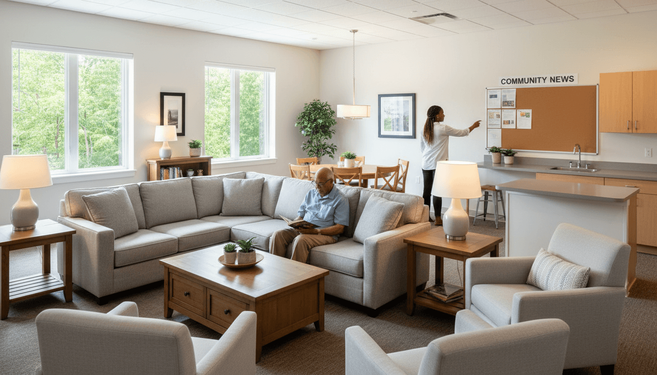 Bright common living area with diverse residents socializing, dining furniture, kitchenette, and natural light from large windows