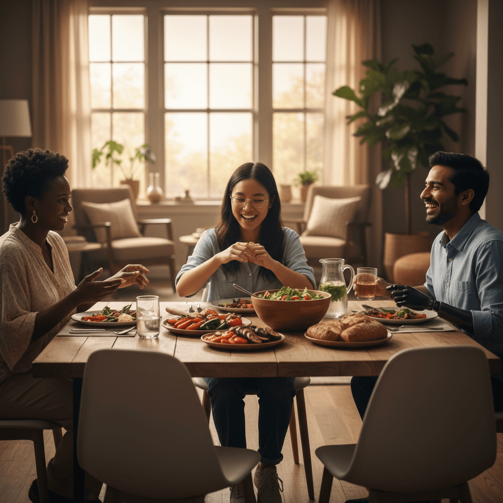 Diverse residents sharing an evening meal and conversation around a communal dining table in warm golden light