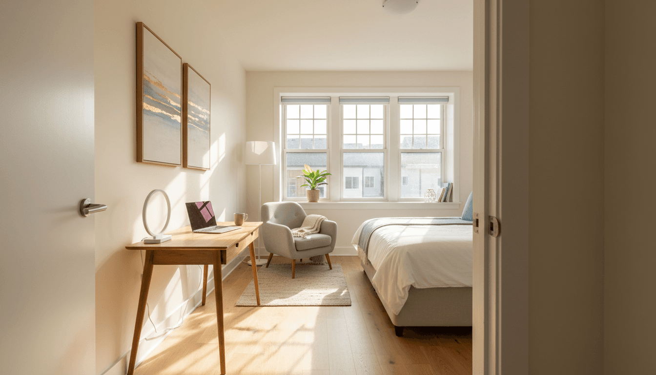 Bright furnished bedroom with made bed, wooden desk, reading chair, and natural window light in modern boarding house room