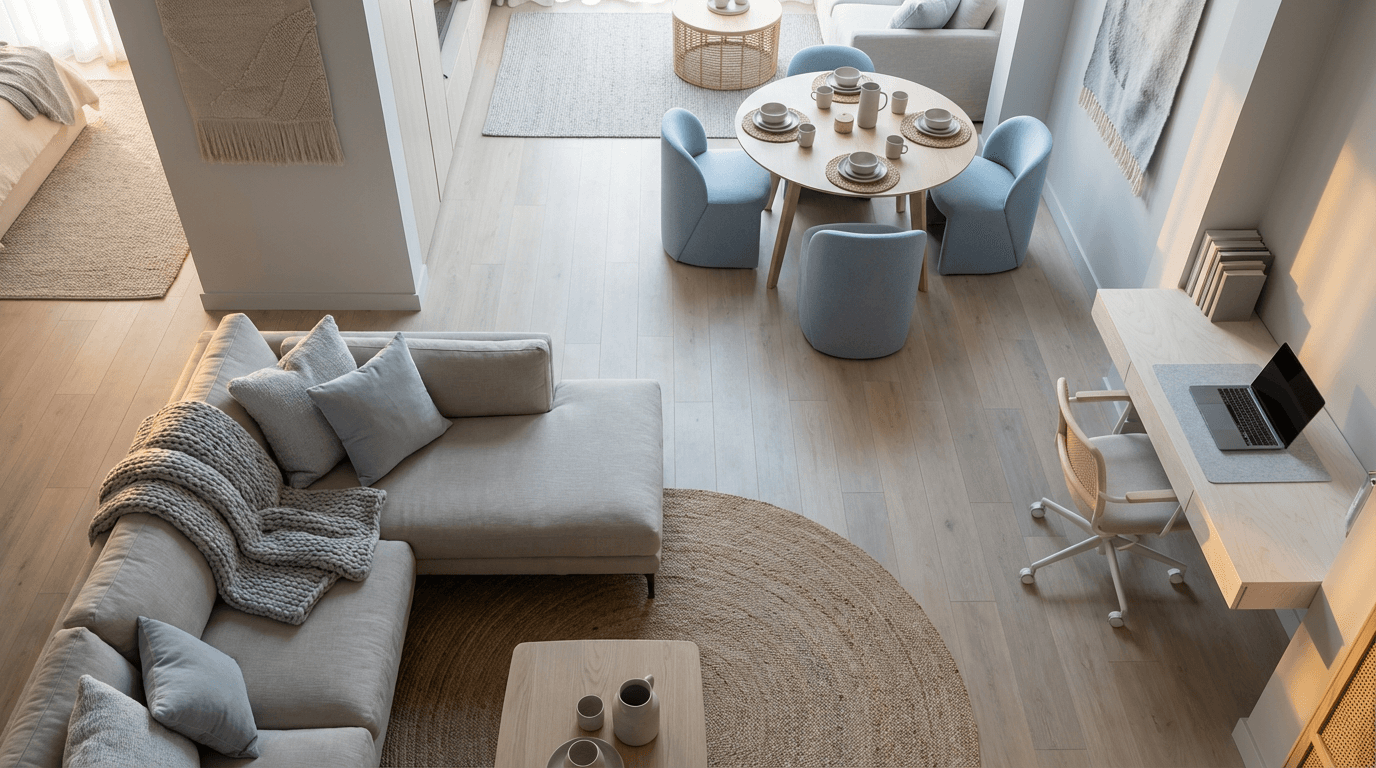 Open shared living space with multiple functional zones, neutral furnishings, and soft natural lighting emphasizing calm organization.