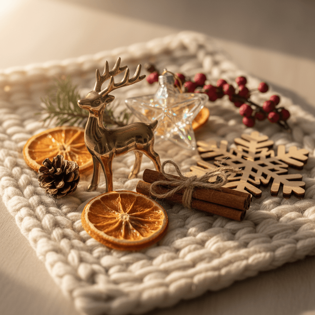 Close-up of premium seasonal decorations showing intricate textures, metallic finishes, and natural botanical materials