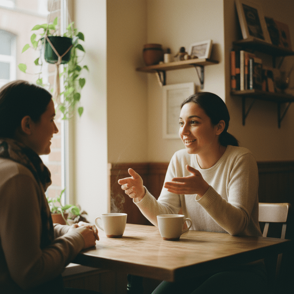 Two people engaged in attentive conversation over coffee at a café table, natural window light creating warm atmosphere