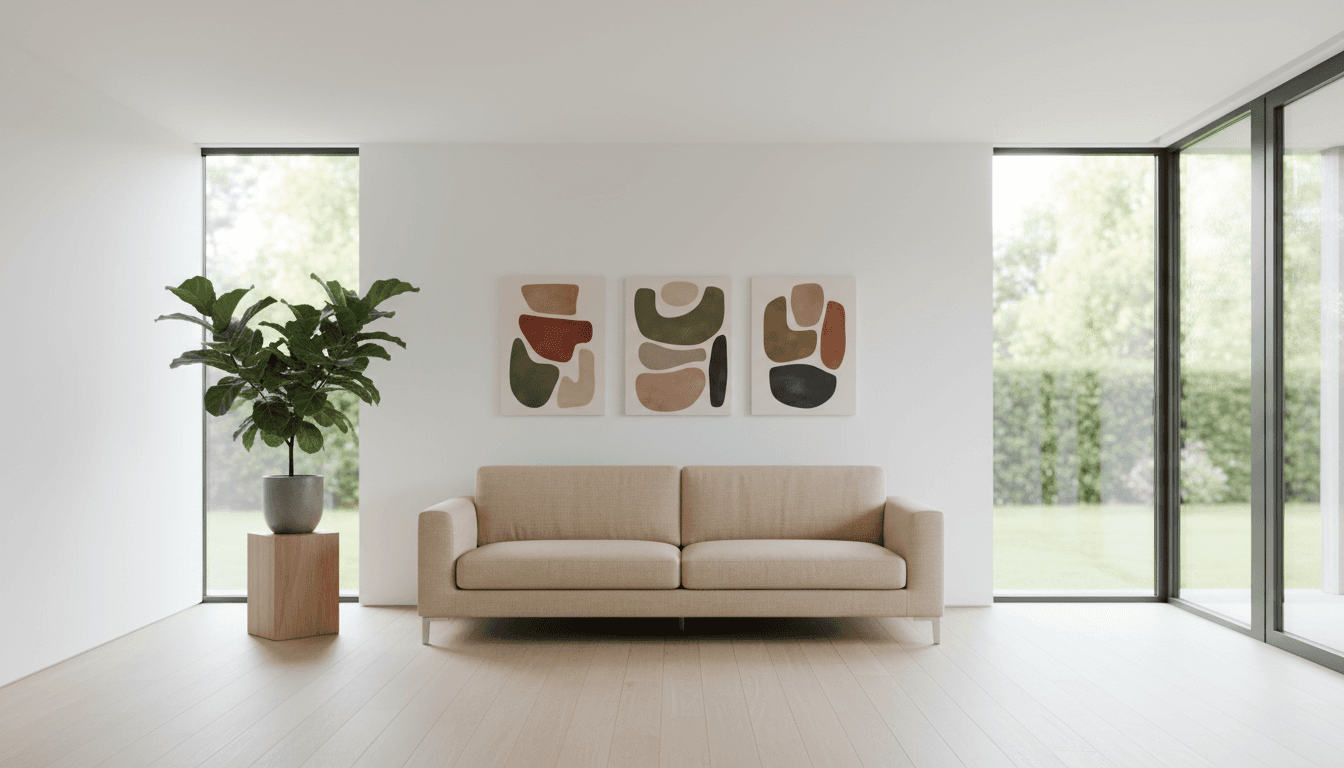 Modern minimalist living room with floor-to-ceiling windows, neutral furnishings, and carefully placed decor on white walls