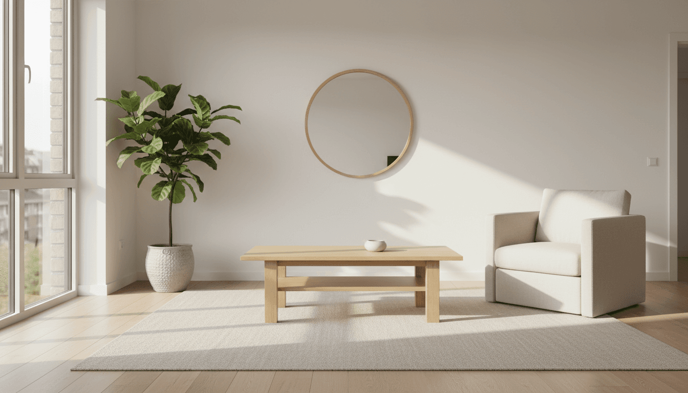 Minimalist compact living room with oak coffee table, round mirror, cream chair, and potted plant in bright urban apartment