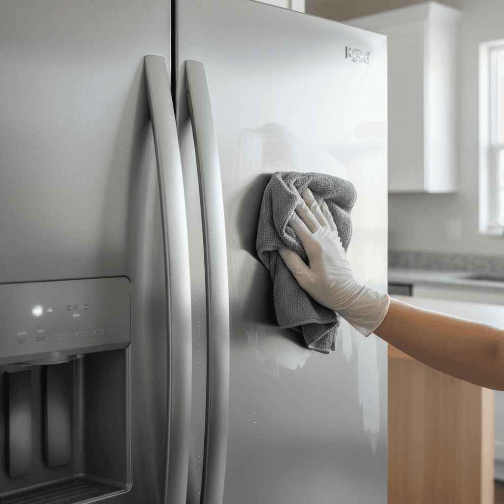 Professional cleaner's gloved hands wiping stainless steel refrigerator with microfiber cloth in bright kitchen
