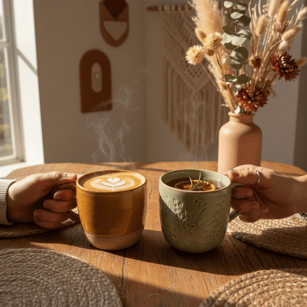 Two hands holding ceramic mugs of latte and herbal tea in soft golden light, cozy bohemian café setting